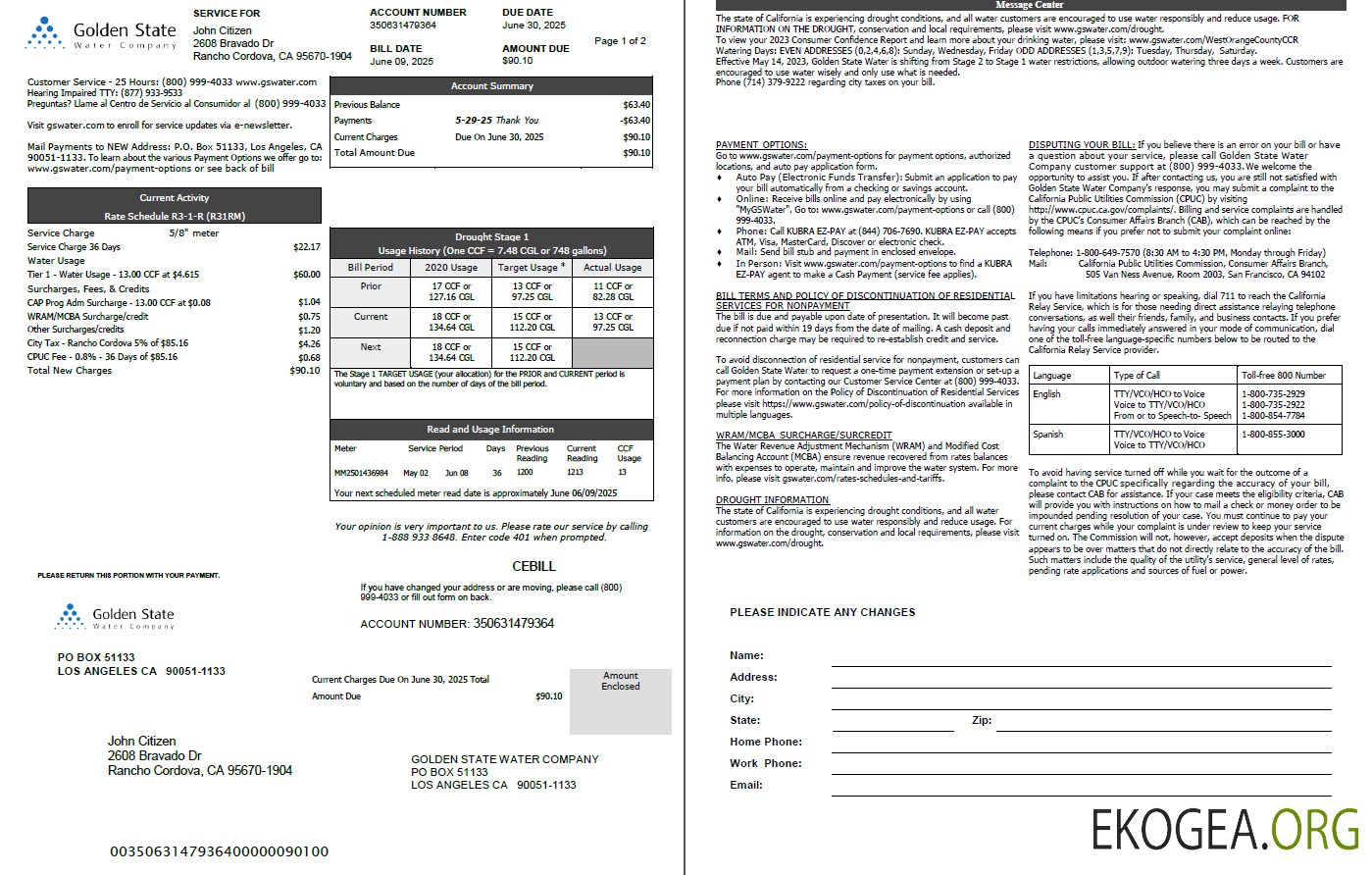 USA Golden State Water Company utility bill template in Word and PDF formats, 2 pages